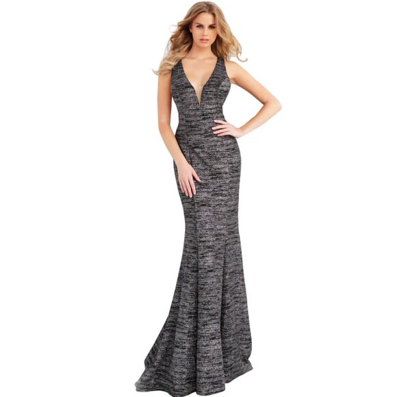 Jovani Black Multi Glitter Jersey Plunging Neckline Prom Dress, Size: 4 - Picture 1 of 14